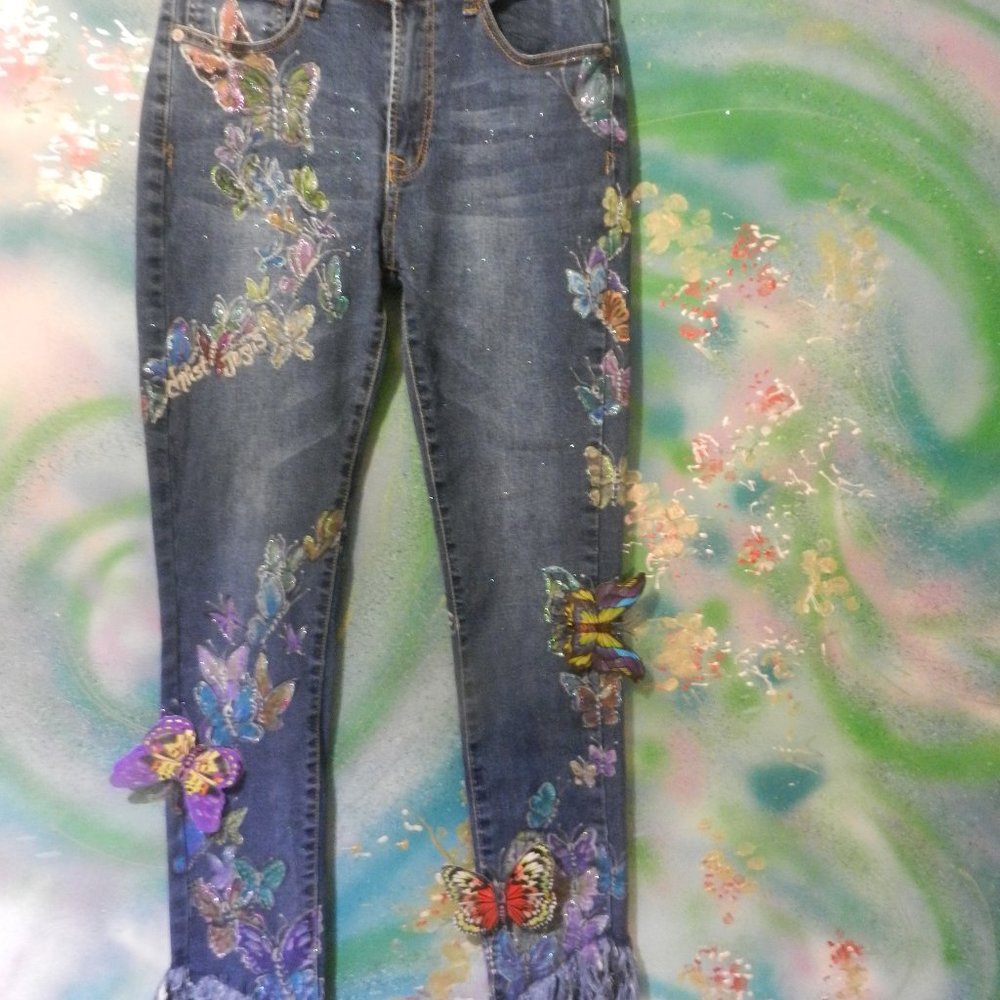 OOAK Metamorphosis butterfly statement jeans hand painted artisan denim SMALL - Picture 2 of 16